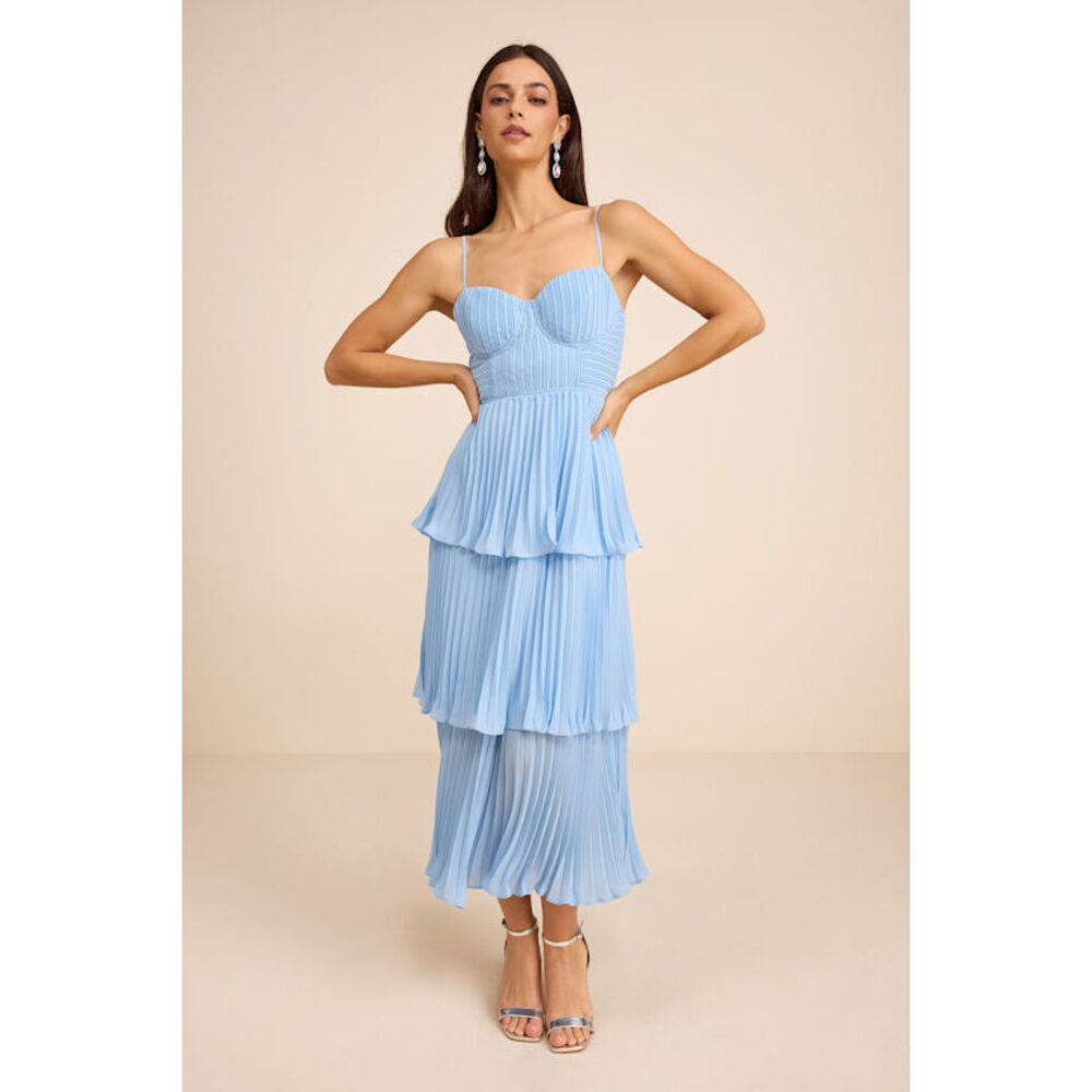 Lulus Cascading Crush Light Blue Tiered Bustier Midi Dress - Size L